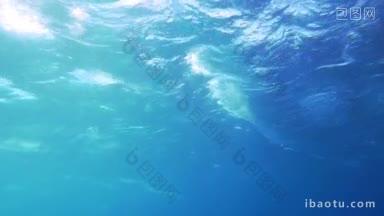 在阳光明媚的日子里，在<strong>水下拍摄</strong>的起伏的海面的慢动作镜头